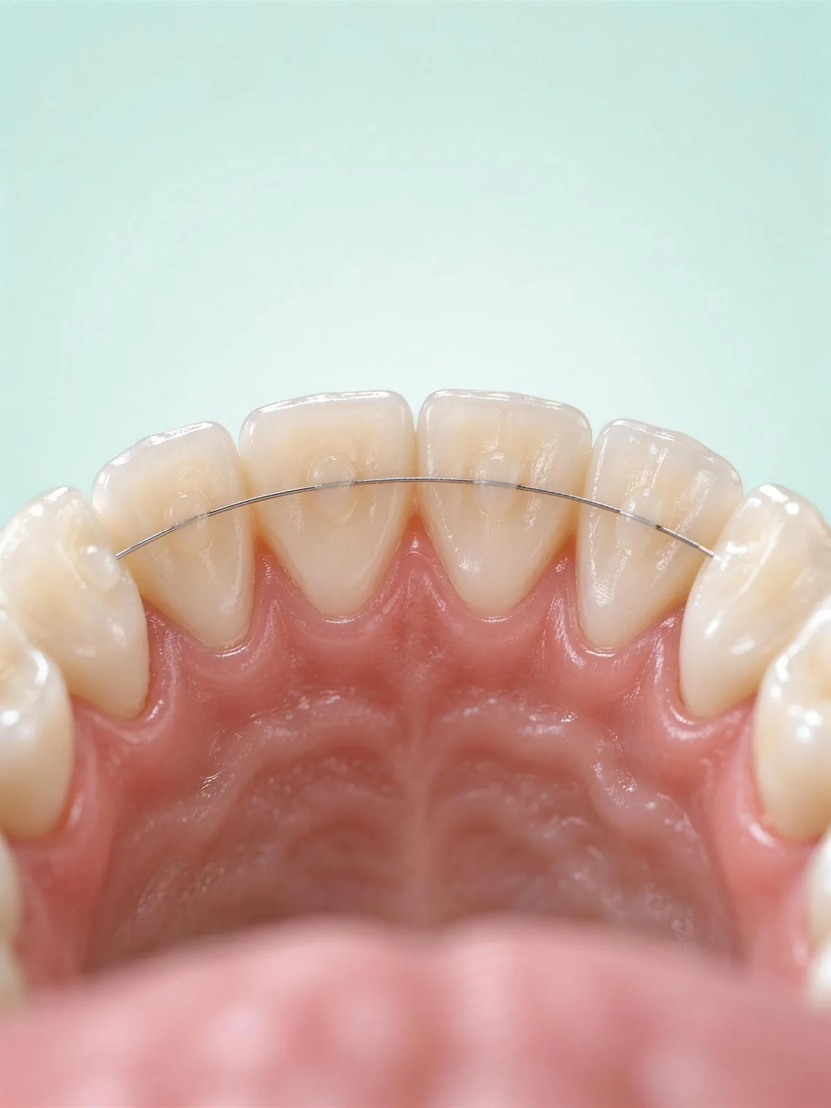 Illustration of C5 Hidden Braces: a single hair-thin wire bonded to the back of the upper front teeth, seen from the tongue side